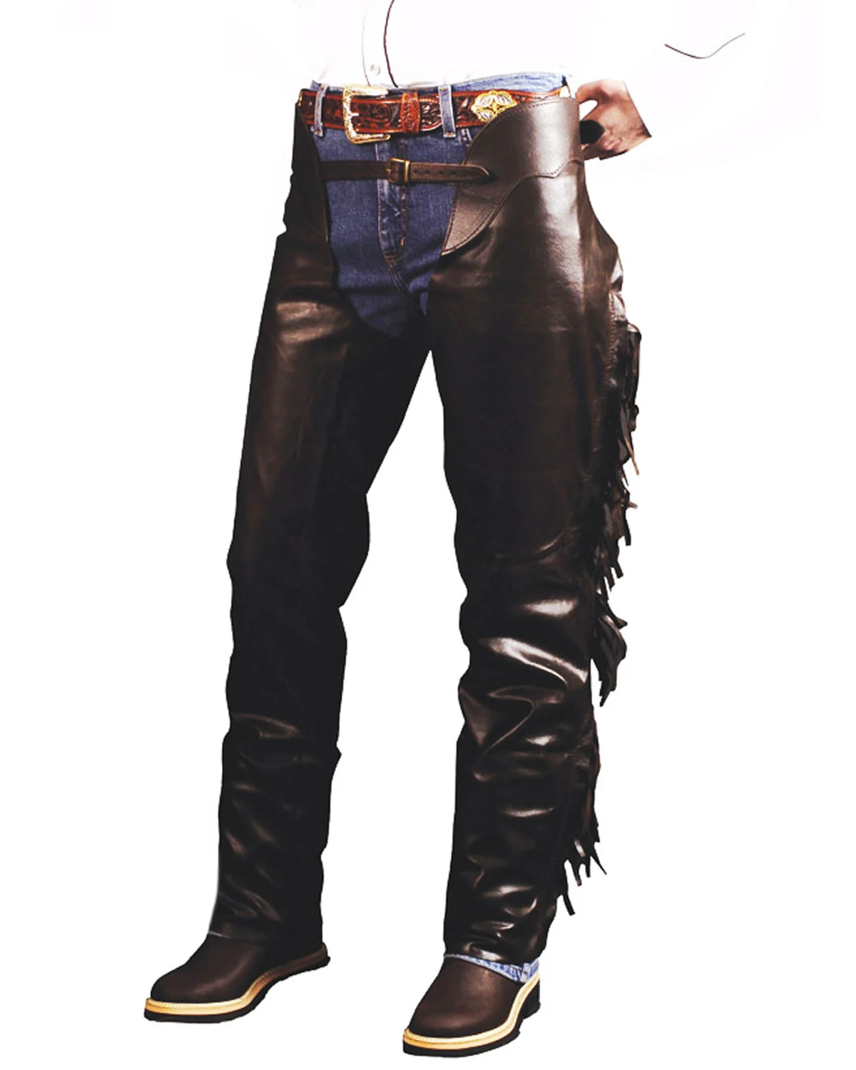 Podciągane westernowe chapsy z frędzlami