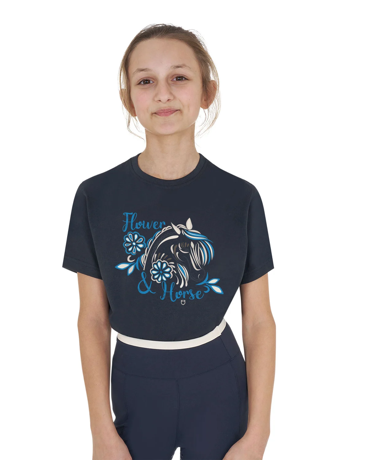 Dziewczęcy bawełniany T-shirt z kwiatem i koniem