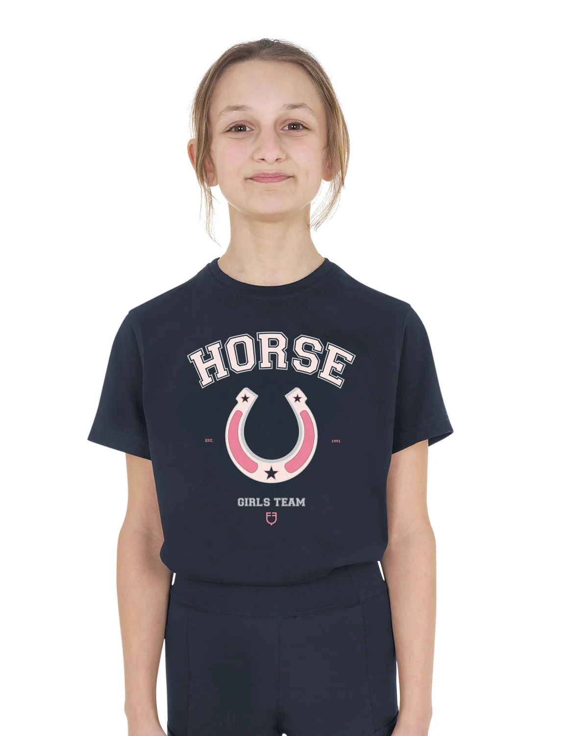 Equestro koszulka dziewczęca bawełniana Horse Team z nadrukiem podkowy