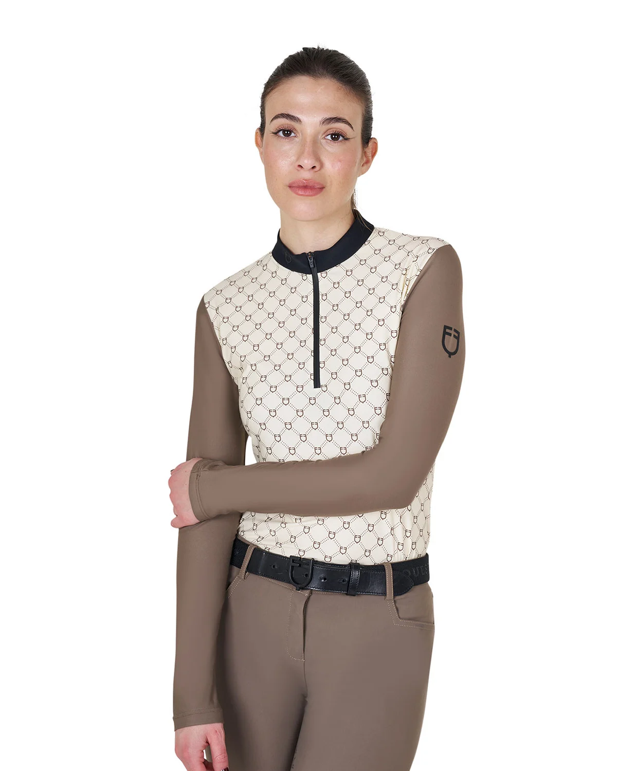 Damska koszulka polo z monogramem, długi rękaw, na zamek