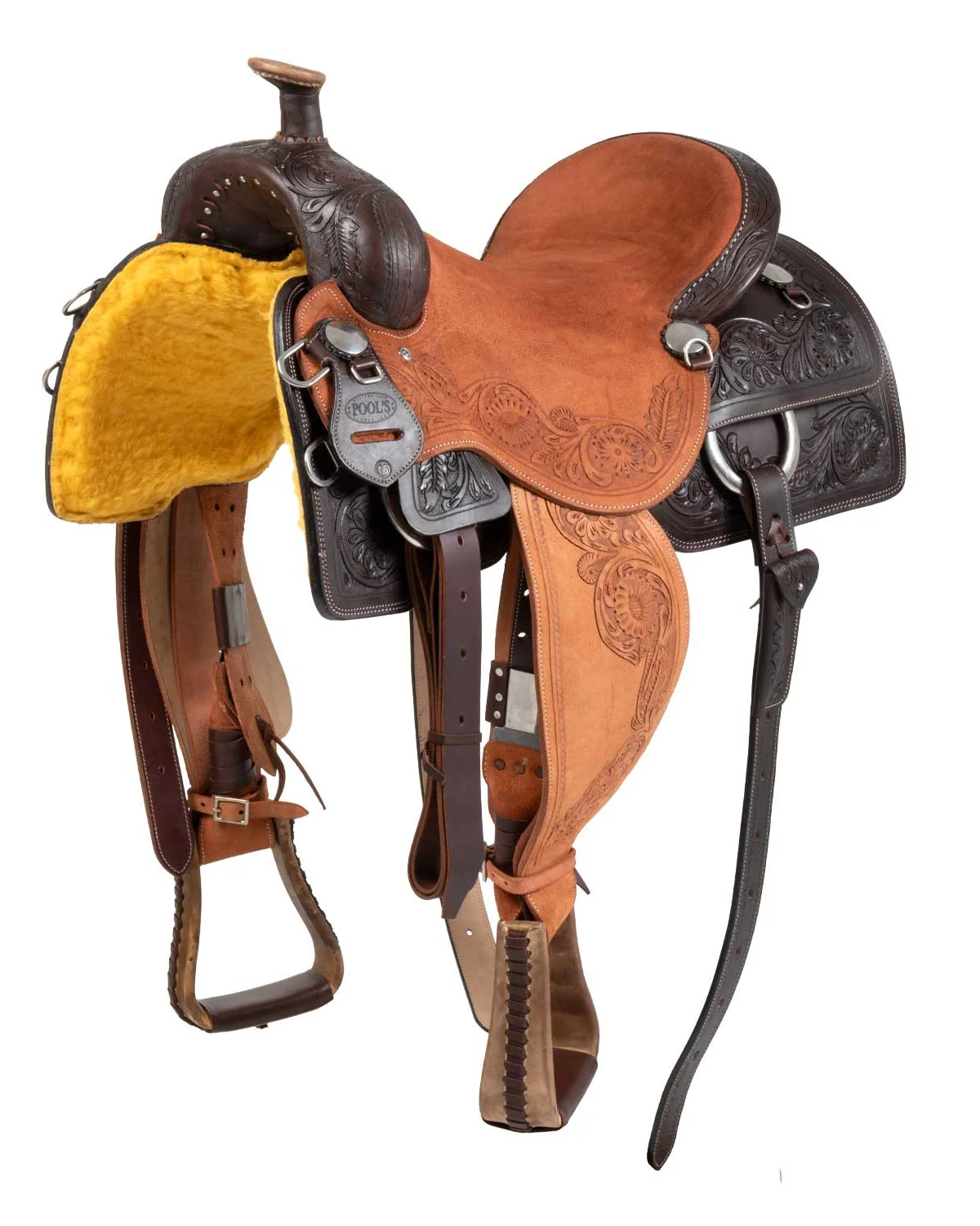 Siodło western do konkurencji cow horse firmy Pool z motywem kwiatowym tłoczonym na skórze